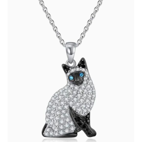 Siamese Cat Necklace Blue Eyes Rhinestones Kitty - Picture 6 of 10